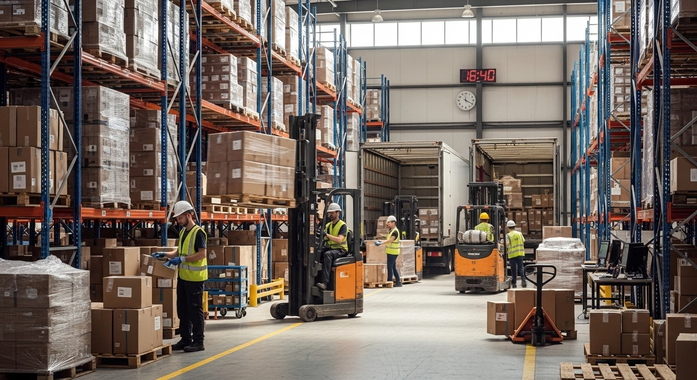 warehouse logistics scene with workers operating forklifts, scanning packages with barcode scanners, and organizing pallets on tall shelves. Delivery trucks waiting at loading docks while packages are prepared for shipment. Industrial warehouse environment, natural lighting, highly detailed, realistic logistics workflow.