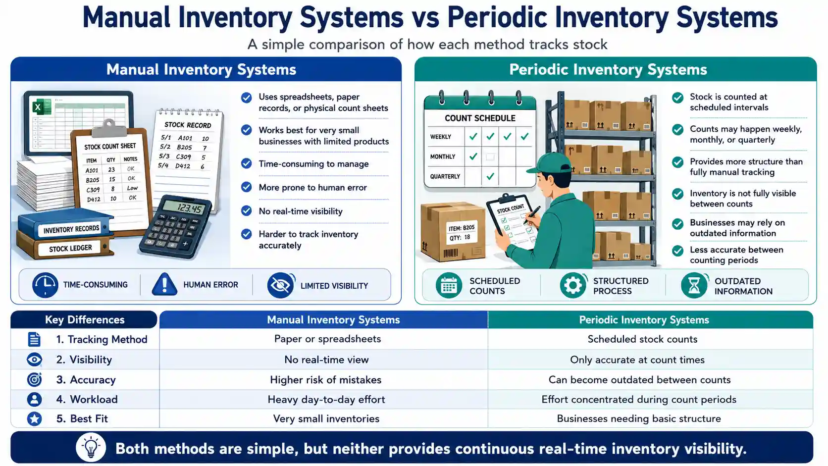 Infographic comparing manual and periodic inventory systems by tracking method, visibility, accuracy, workload, and best use.