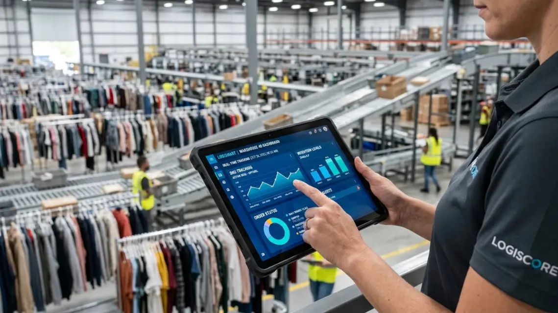 3PL warehouse management system dashboard showing real-time inventory tracking for apparel brand growth 