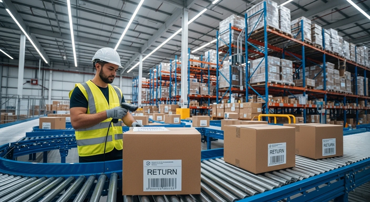 A warehouse worker scanning returned packages on a conveyor belt inside a reverse logistics center
