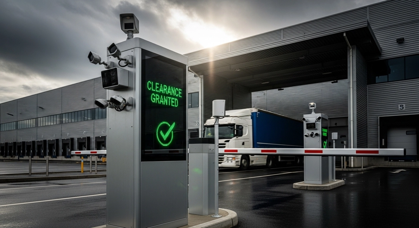 A truck passing through an automated smart gate with RFID scanners and cameras reading licence plates, showing digital green clearance at a logistics facility