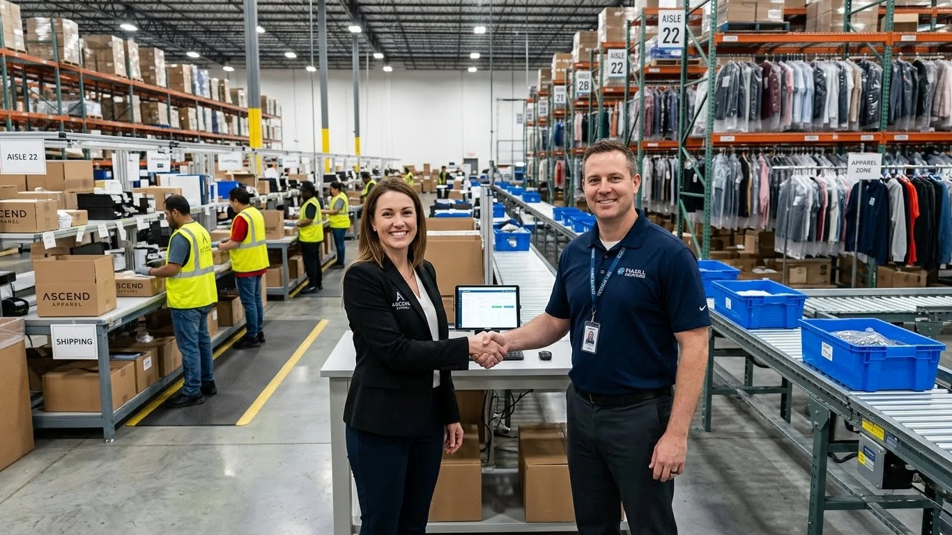 Apparel brand and 3PL logistics manager partnering inside a modern fulfillment warehouse