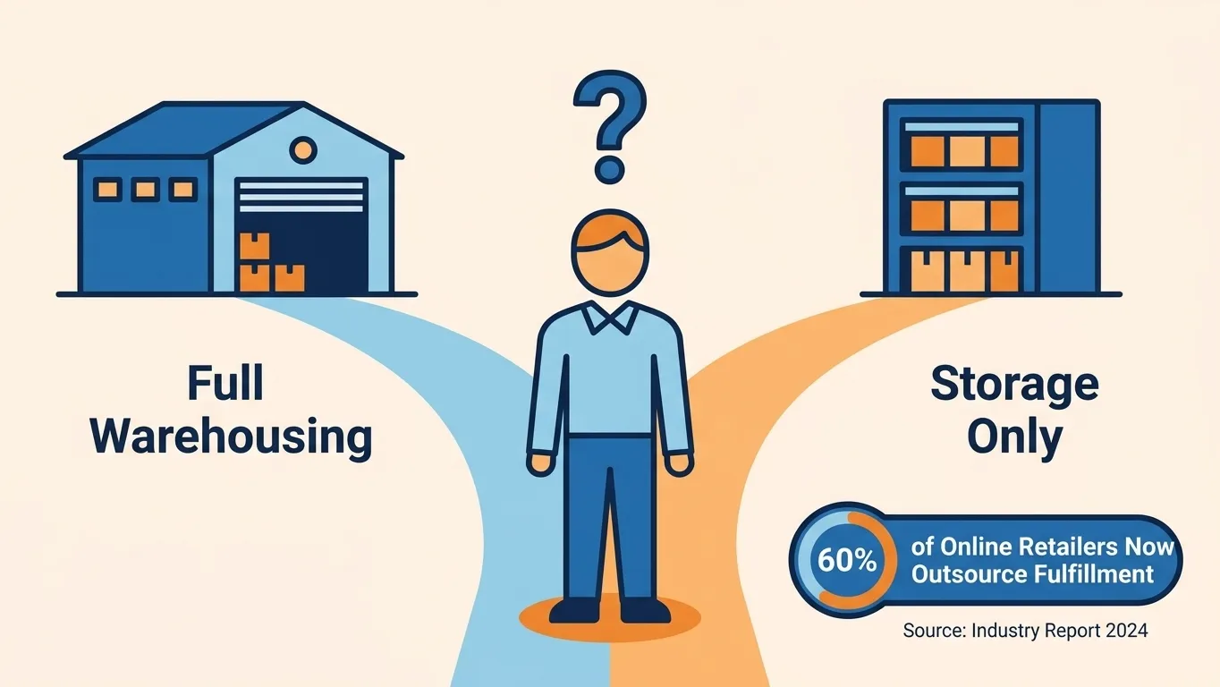 Illustration of a small business owner deciding between full warehousing and storage only
