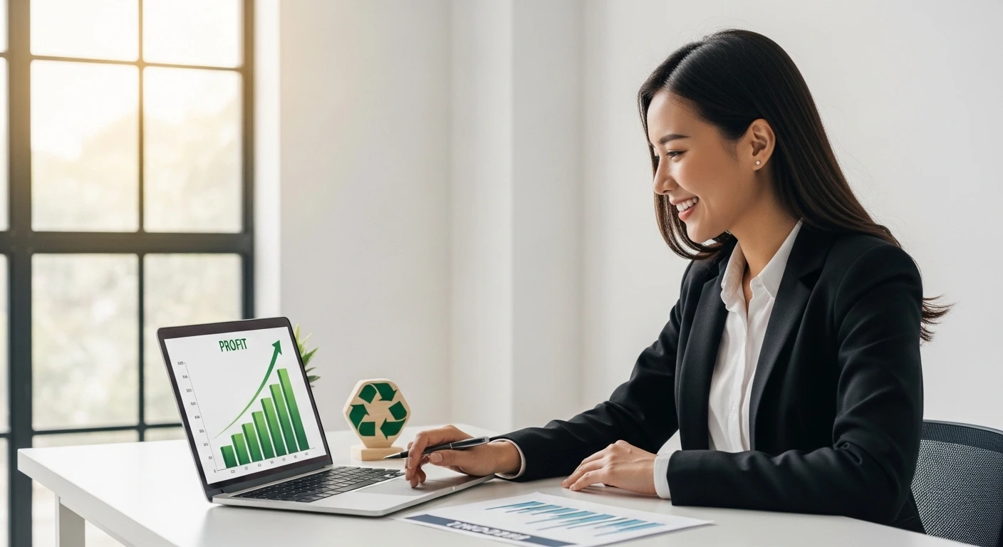 Businesswoman reviewing profit growth and sustainability benefits of reverse logistics on a laptop in a modern office