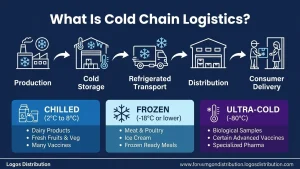 Infographic showing the five stages of cold chain logistics from production to consumer delivery