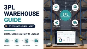 3PL warehouse guide infographic showing receiving, storage, pick and pack, and shipping process with inventory dashboard