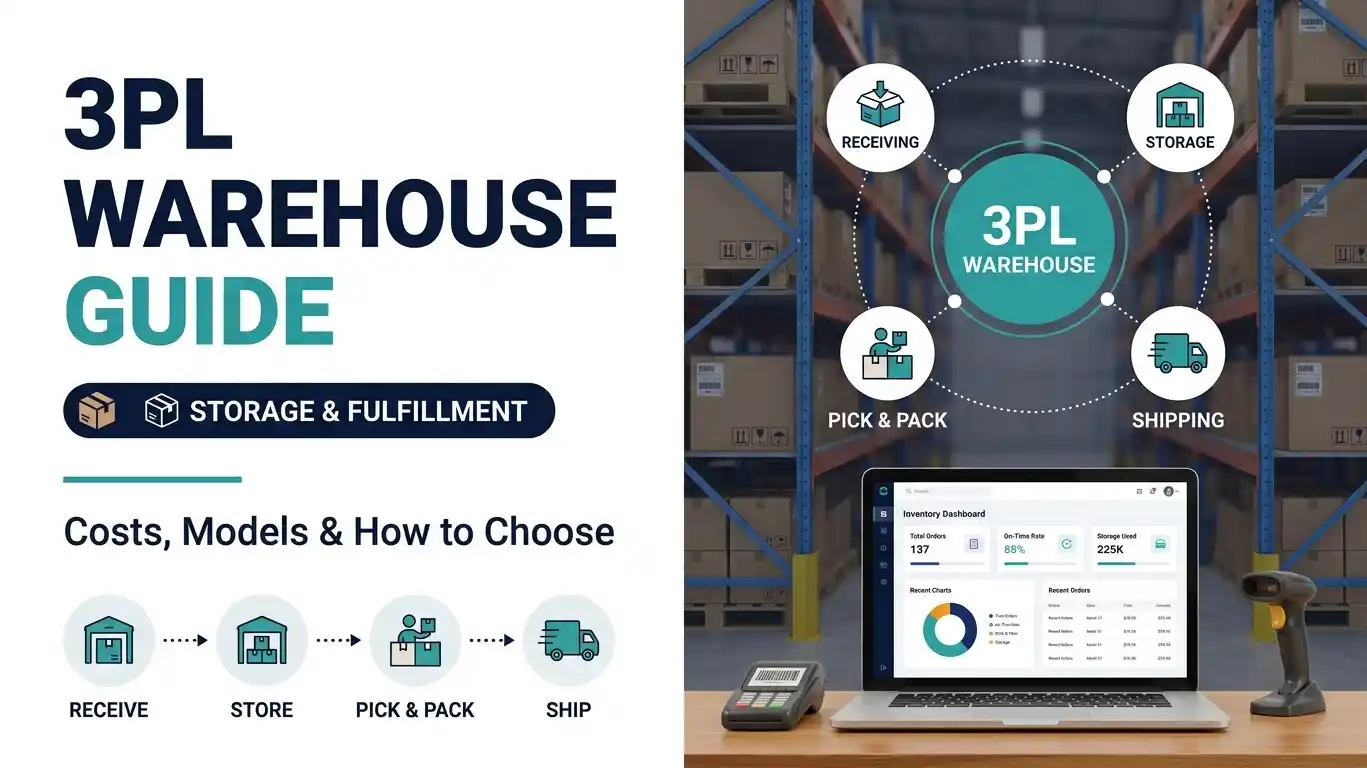 3PL warehouse guide infographic showing receiving, storage, pick and pack, and shipping process with inventory dashboard