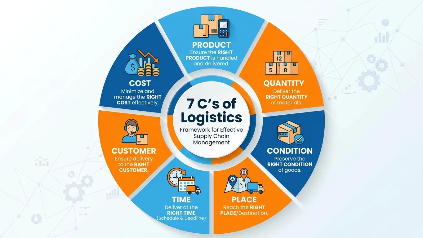7 C's of logistics infographic – product, quantity, condition, place, time, customer, cost