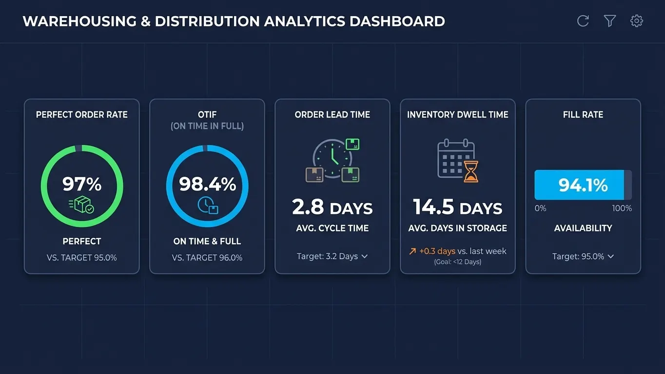 Dashboard graphic displaying 5 key warehousing and distribution KPIs including perfect order rate, OTIF, lead time, dwell time, and fill rate