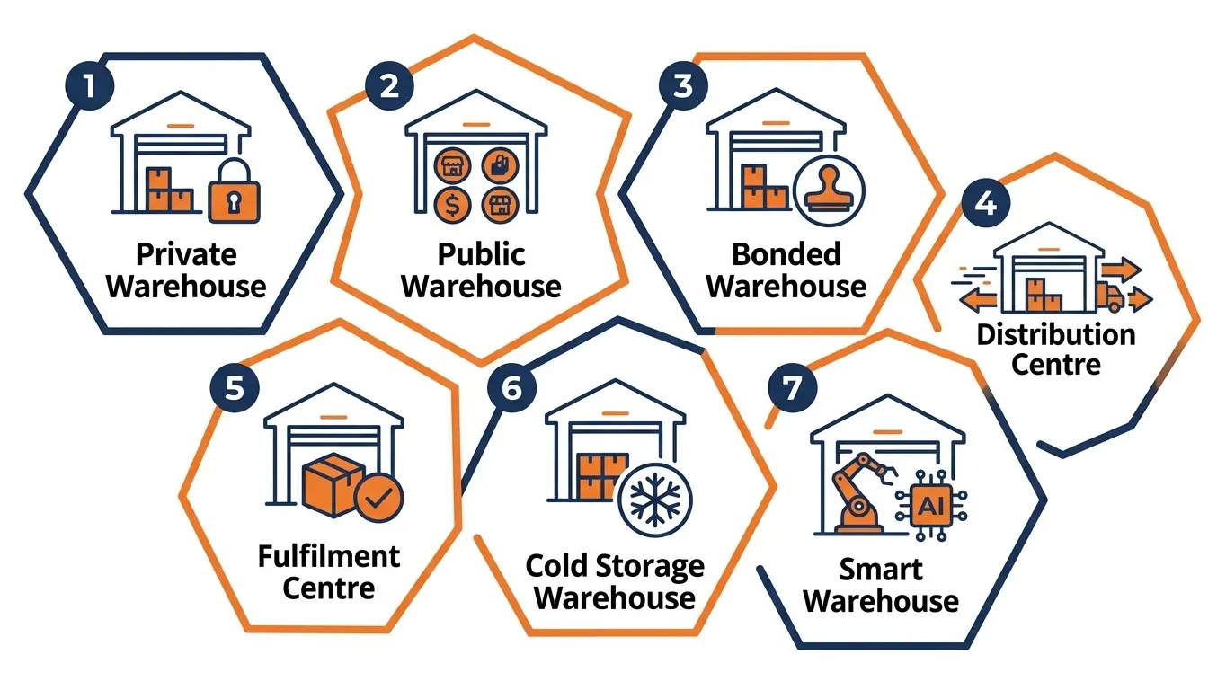 Infographic showing 7 types of warehouses including private, public, bonded, distribution, fulfilment, cold storage, and smart warehouse
