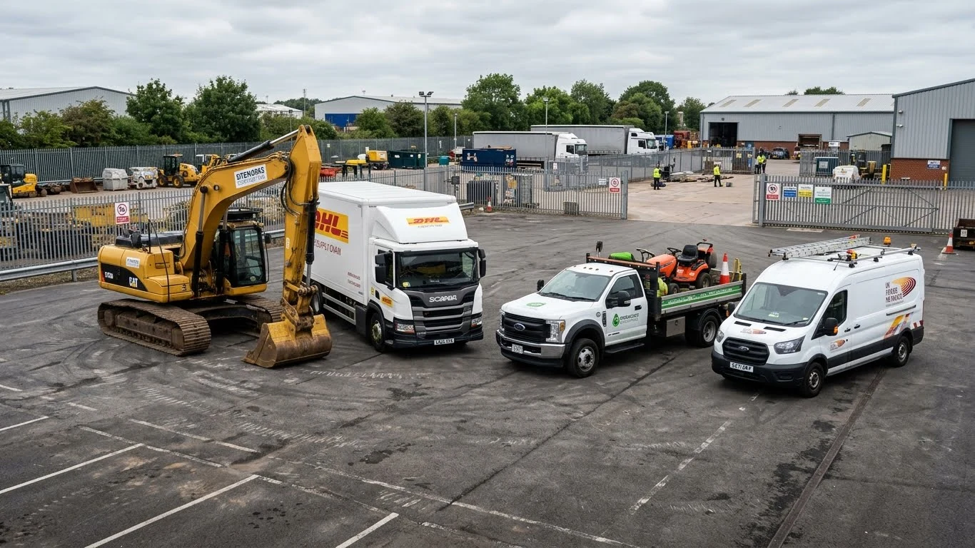 Construction logistics landscaping and utilities vehicles stored in a secure yard storage facility