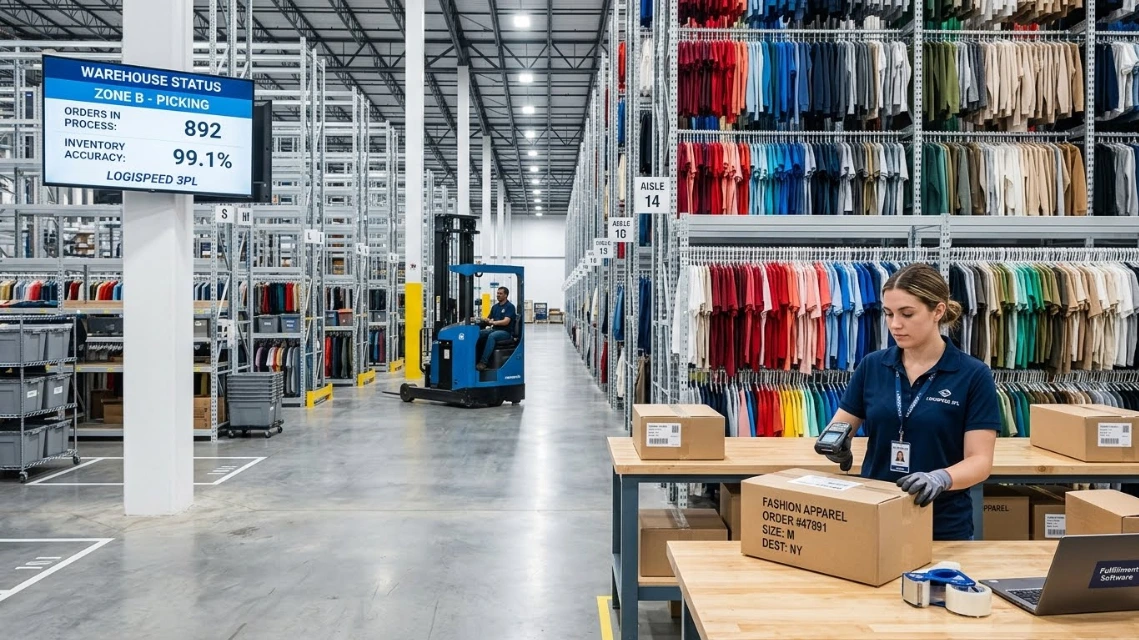 Apparel brand warehouse managed by a 3PL provider with organized clothing racks and order fulfillment in progress