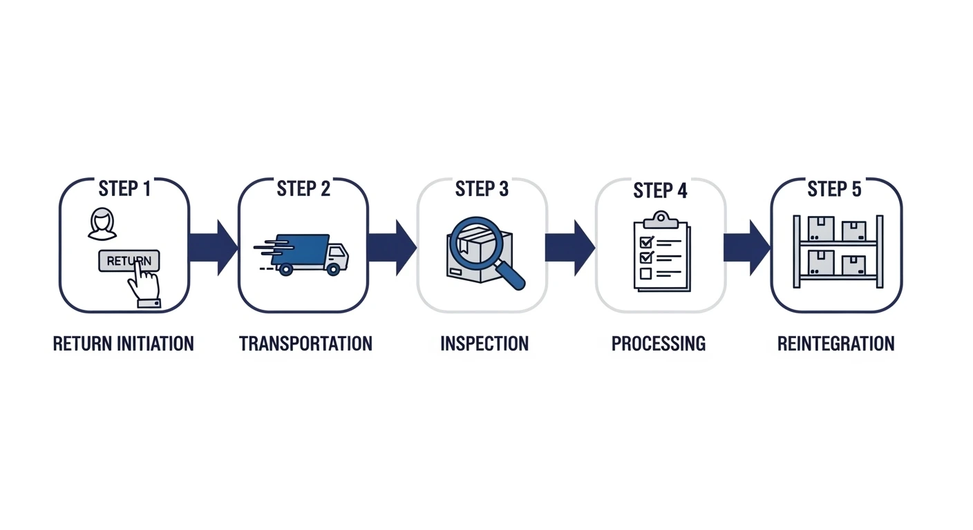 Infographic showing the 5 steps of reverse logistics process from return initiation to product reintegration