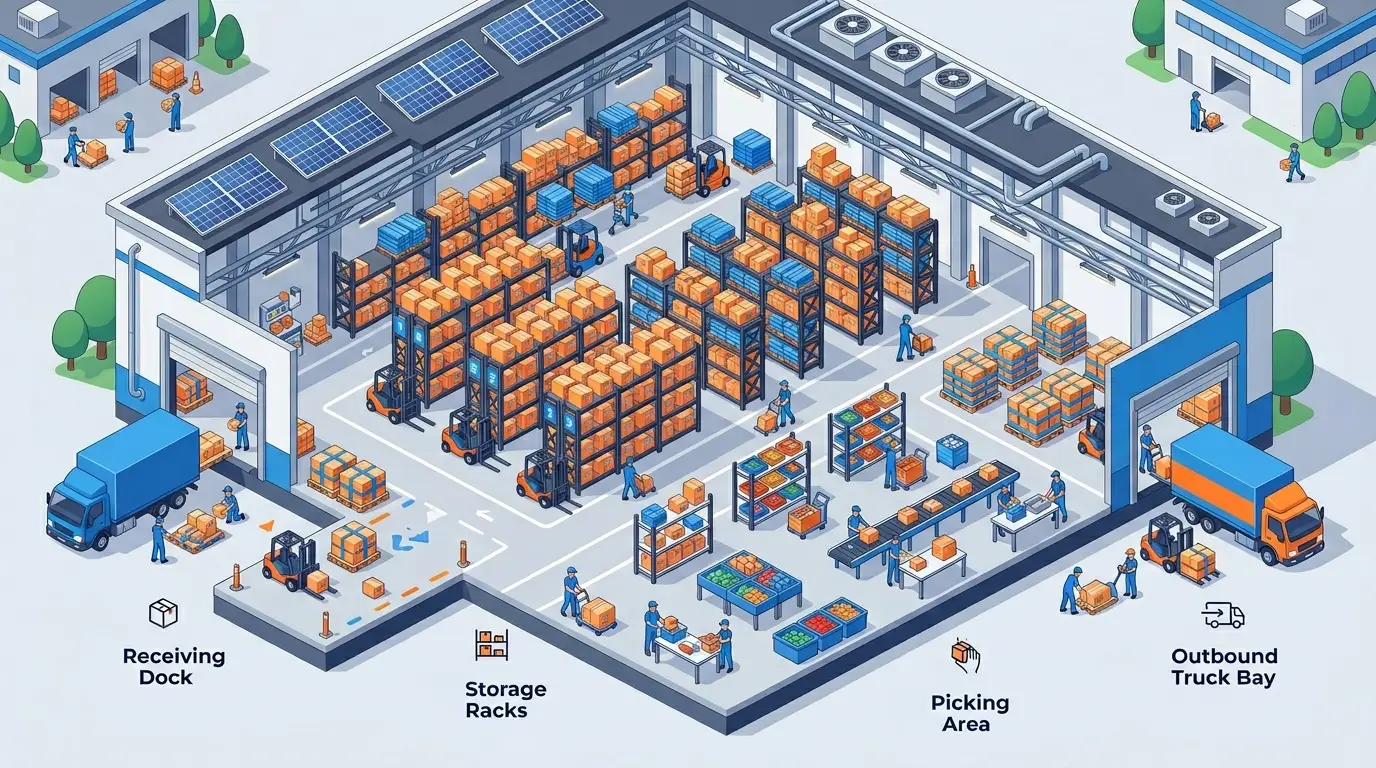 How distribution and storage actually work together — isometric warehouse diagram of receiving, storage, picking, and shipping zones