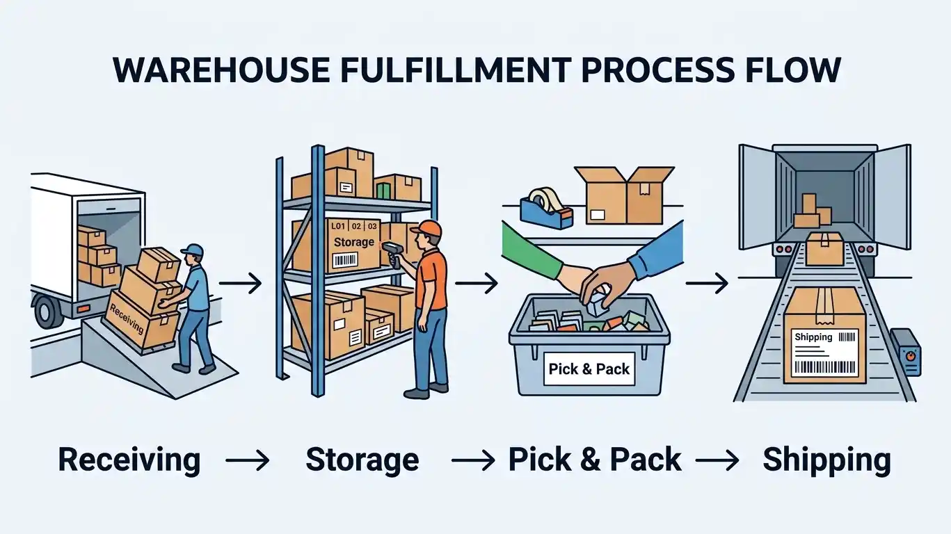 Step-by-step process flow of how a 3PL warehouse handles receiving, storage, pick and pack, and shipping