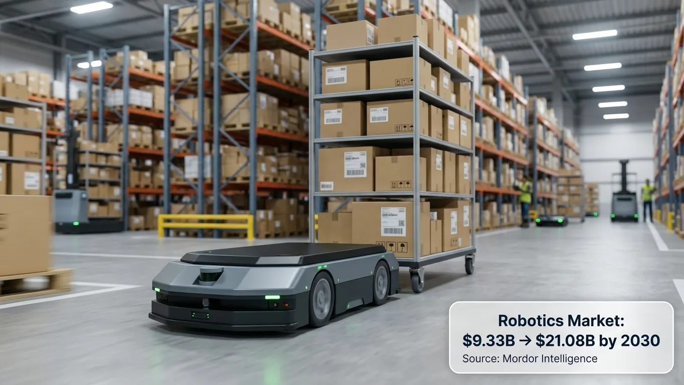 Autonomous warehouse robot moving shelving down an aisle, with a data overlay showing warehouse robotics market growth to 21 point 08 billion dollars by 2030