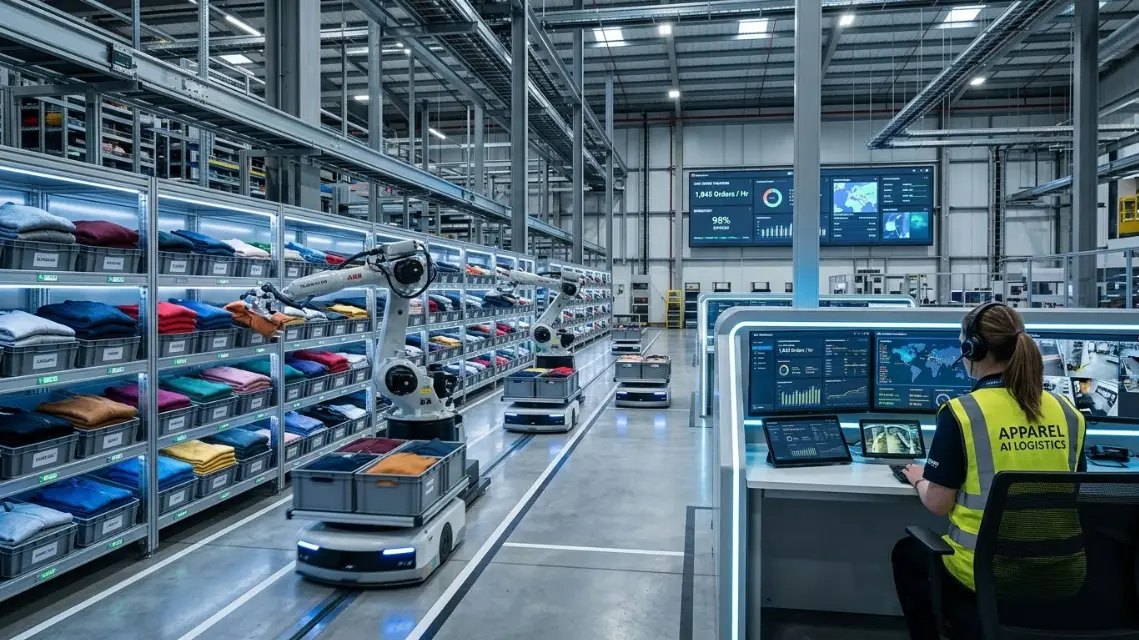 Robotic automation and AI-powered systems inside a future apparel fulfillment warehouse