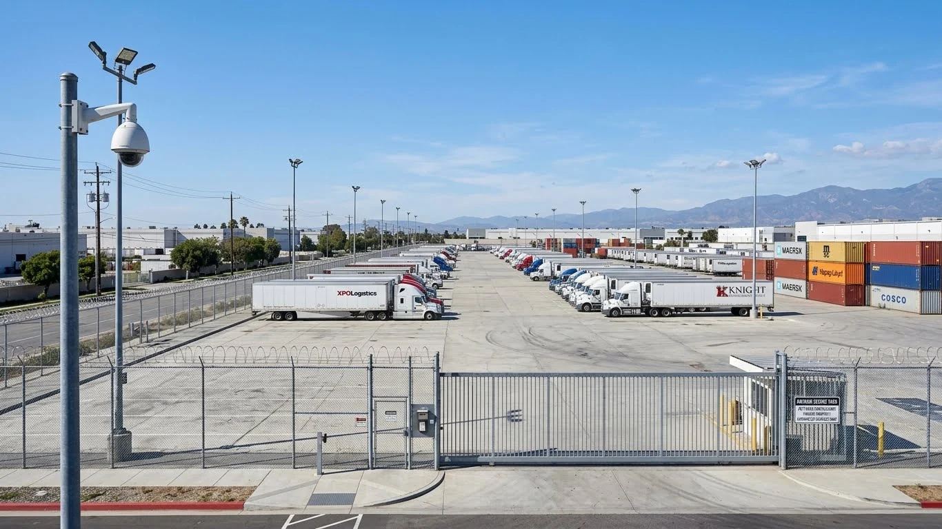 Secure yard storage facility with fencing CCTV and parked commercial vehicles in Ontario California
