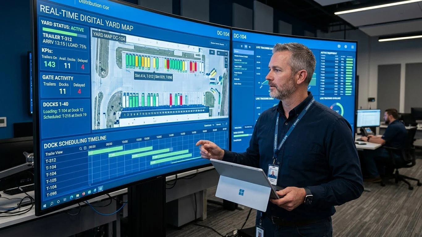 Logistics manager monitoring real-time yard management system dashboard in control room