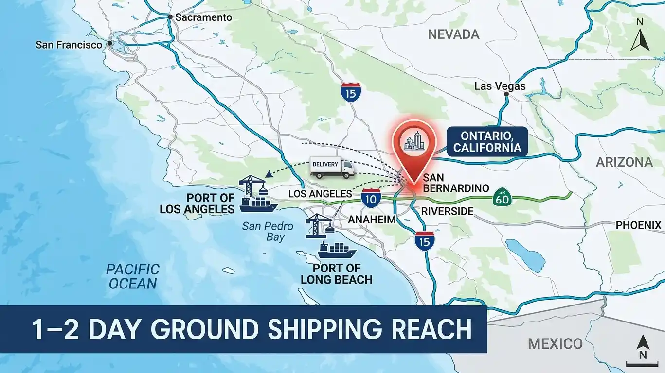 Map showing Logos Logistics 3PL warehouse location in Ontario CA with port and highway access for 1-2 day shipping