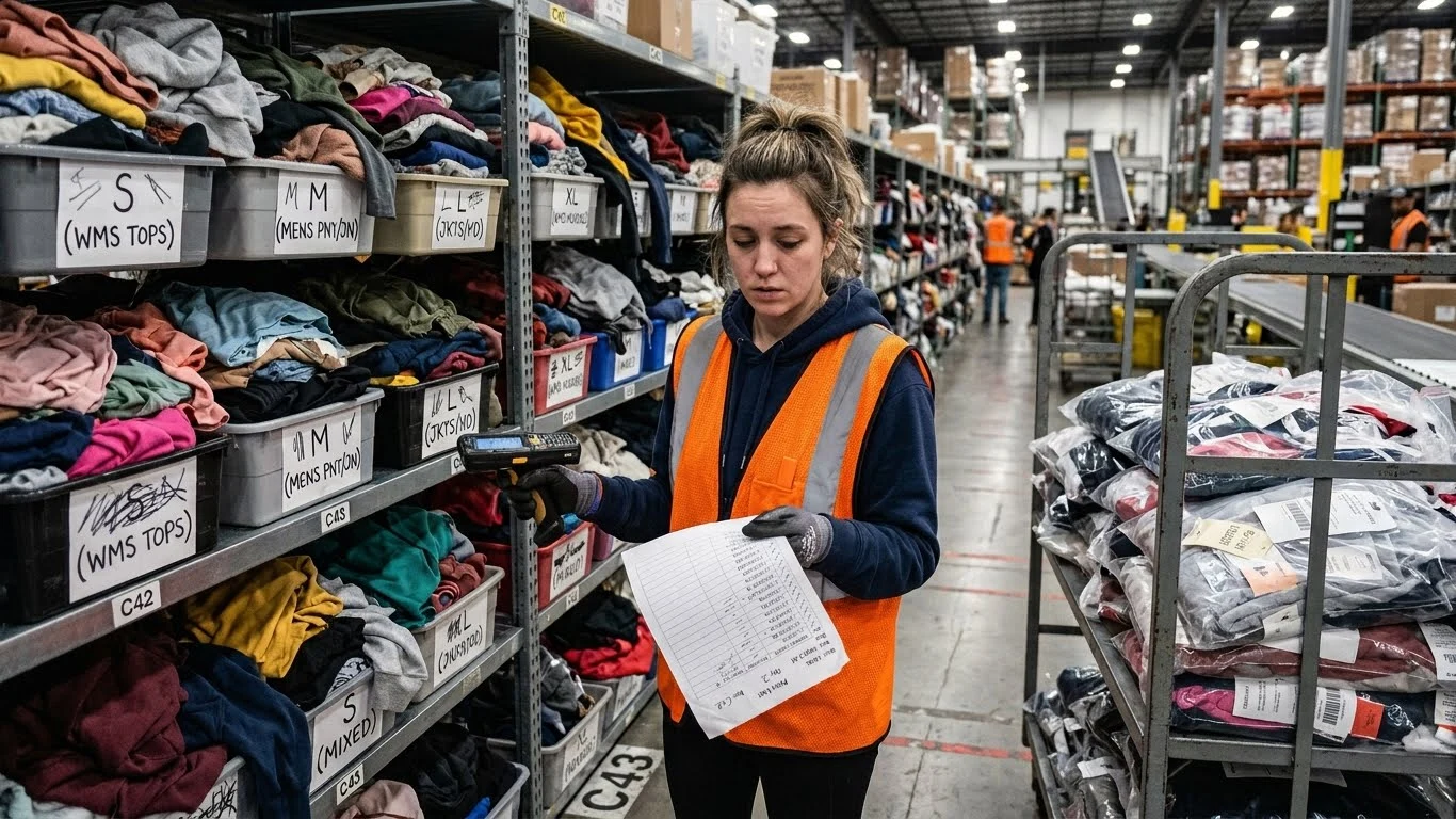 Warehouse worker managing multiple apparel SKUs and returns in a busy fulfillment center