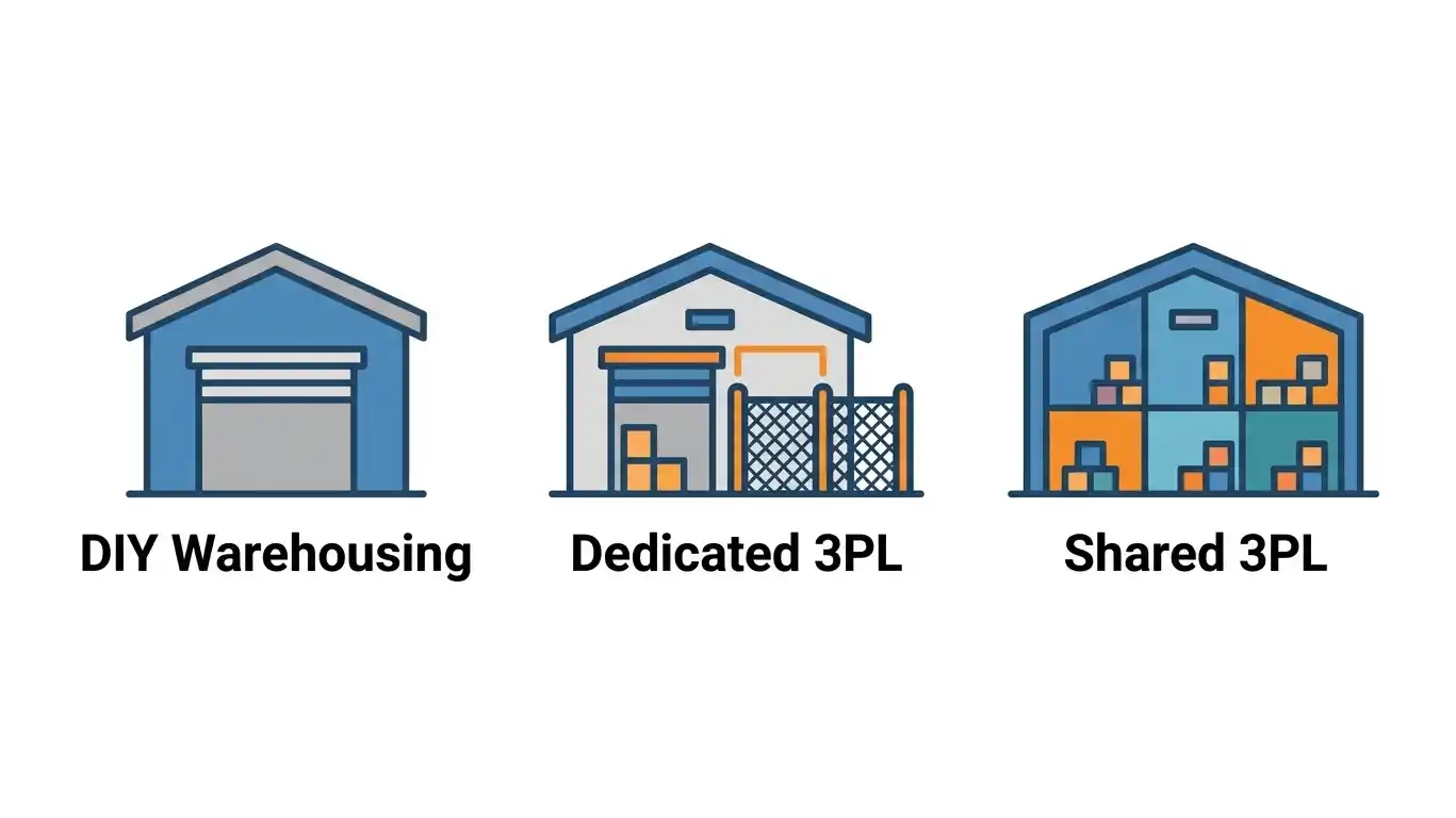 Comparison infographic of DIY, dedicated, and shared 3PL warehousing models