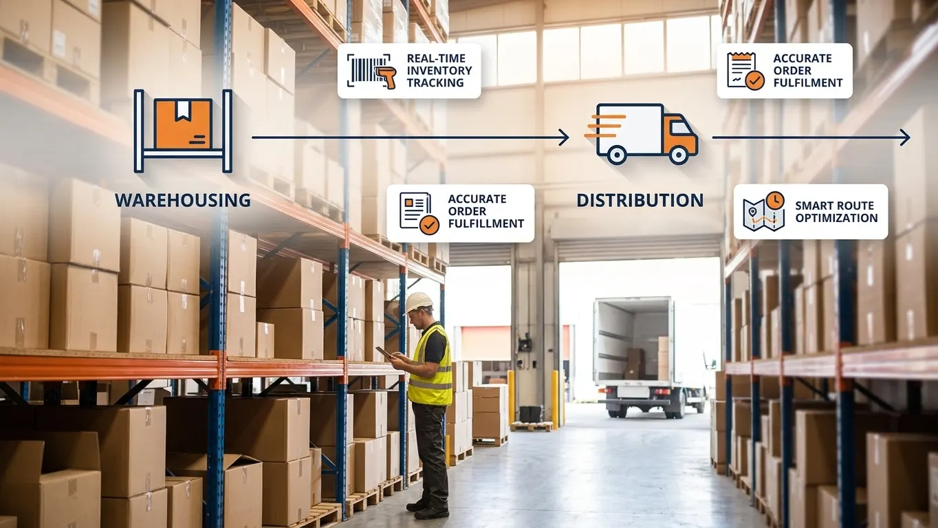 Warehouse worker managing inventory with digital icons showing the connection between warehousing and distribution in supply chain