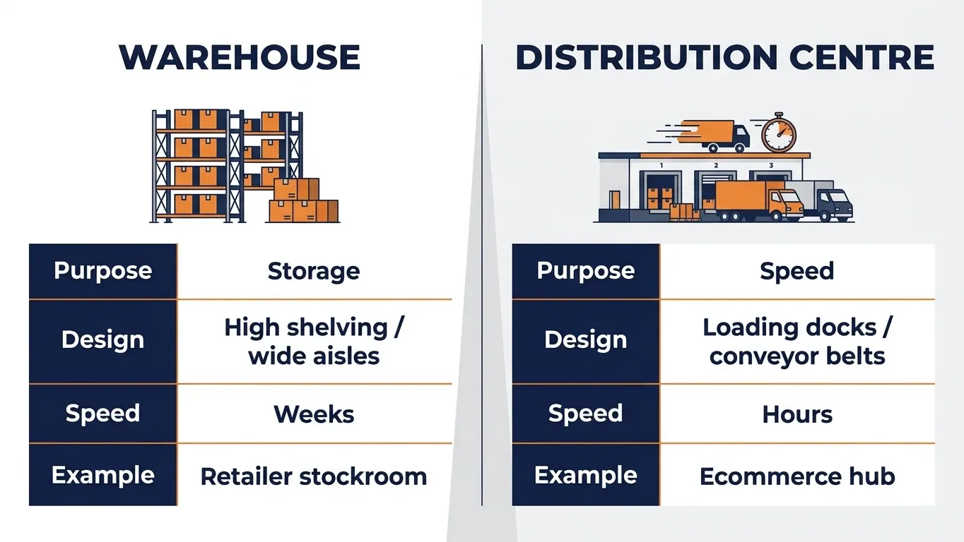 Comparison table graphic showing differences between a warehouse and a distribution centre by purpose, design, speed, and example