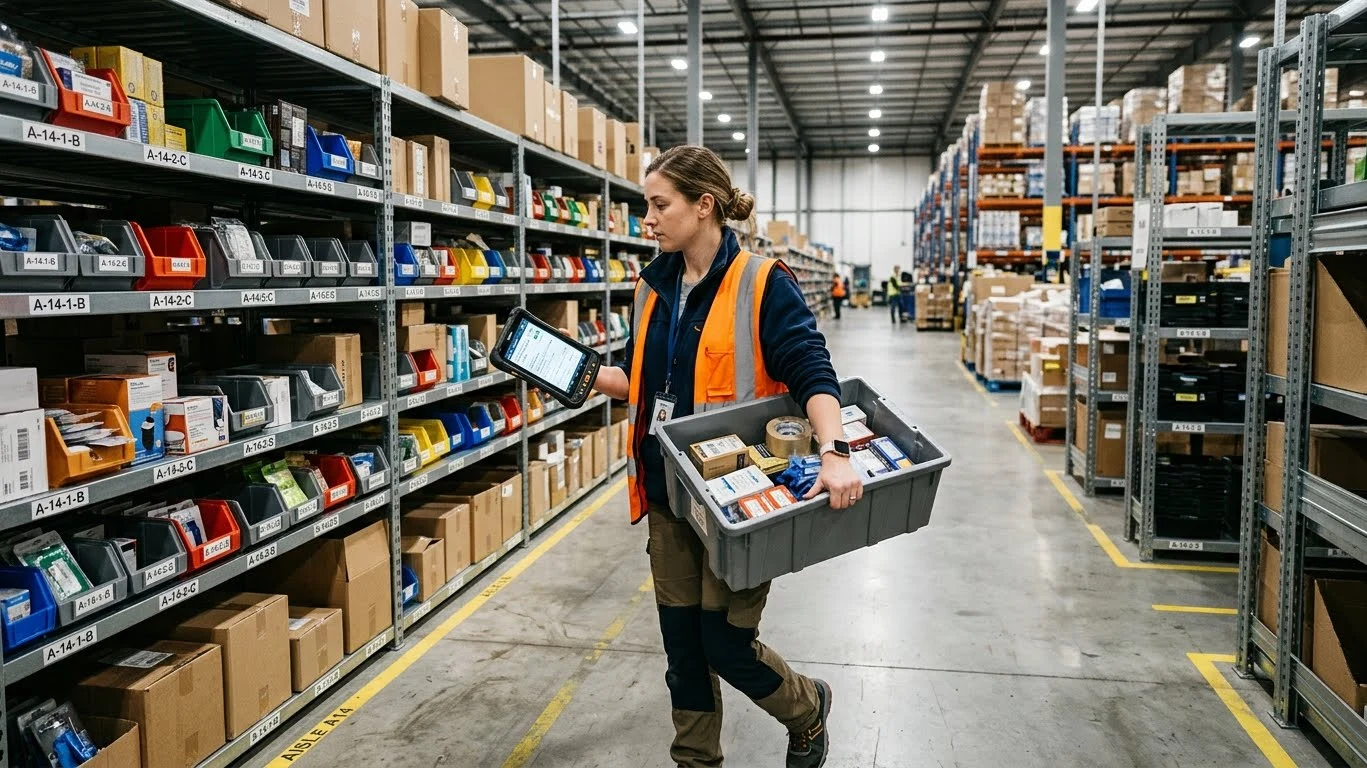 warehouse picker using batch picking method in fulfillment center