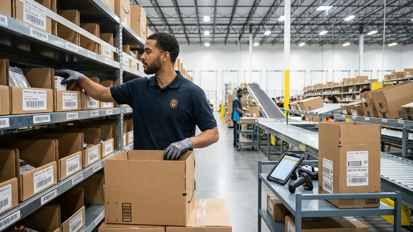 3PL warehouse worker picking and packing orders for e-commerce order fulfillment