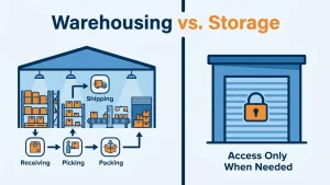 comparing warehousing and storage, showing warehousing as an active process with receiving, picking, packing, and shipping, versus storage as a passive space accessed only when needed