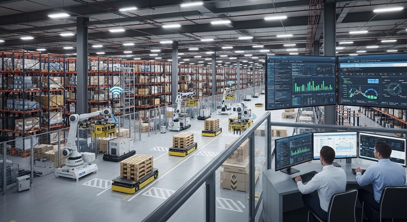 smart warehouse with robotic picking systems, automated guided vehicles moving pallets, IoT sensors tracking shipments, and managers monitoring dashboards with supply chain analytics. Shows technology integration improving both SCM strategy and logistics execution.