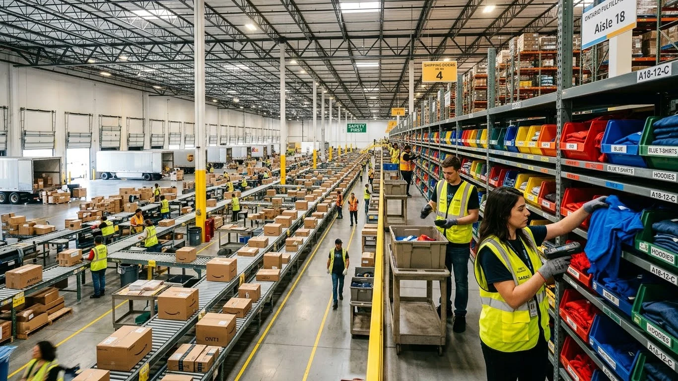 Workers picking and packing apparel orders inside a high-volume fulfillment warehouse