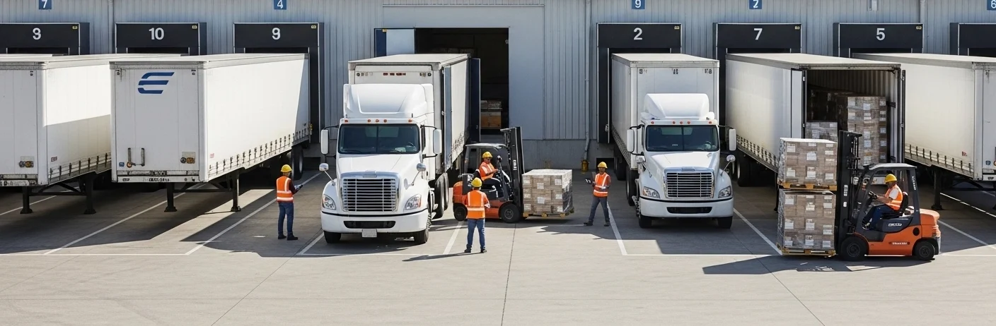 Efficient warehouse yard with trucks docking smoothly, forklifts loading goods, and workers coordinating operations in a clean, organized logistics environment