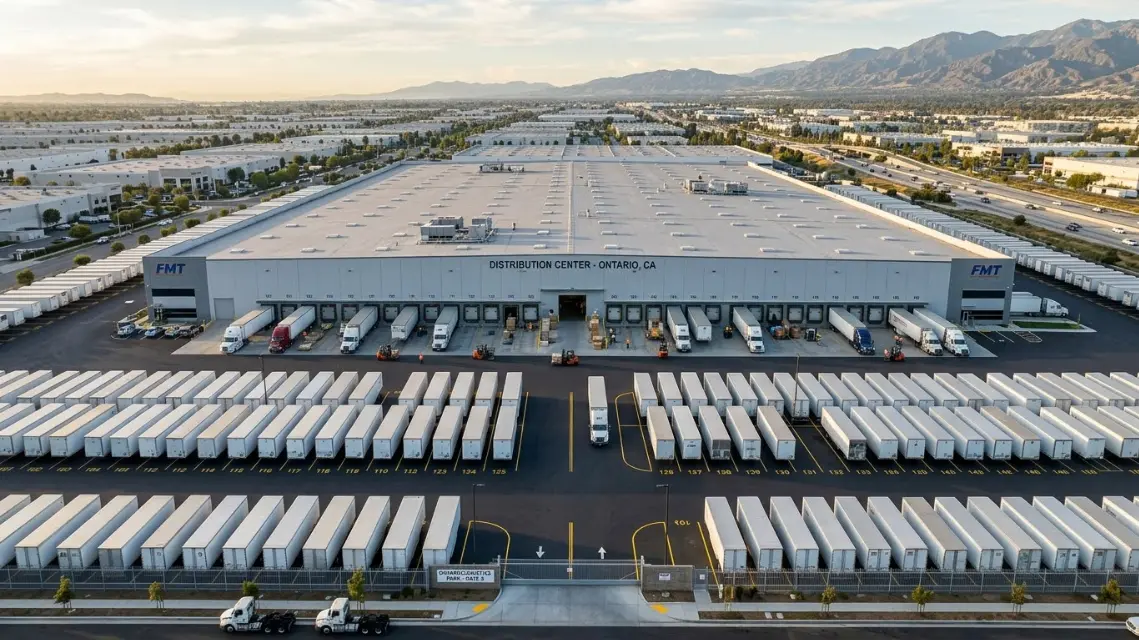 Aerial view of organized yard storage at a distribution center with parked trailers