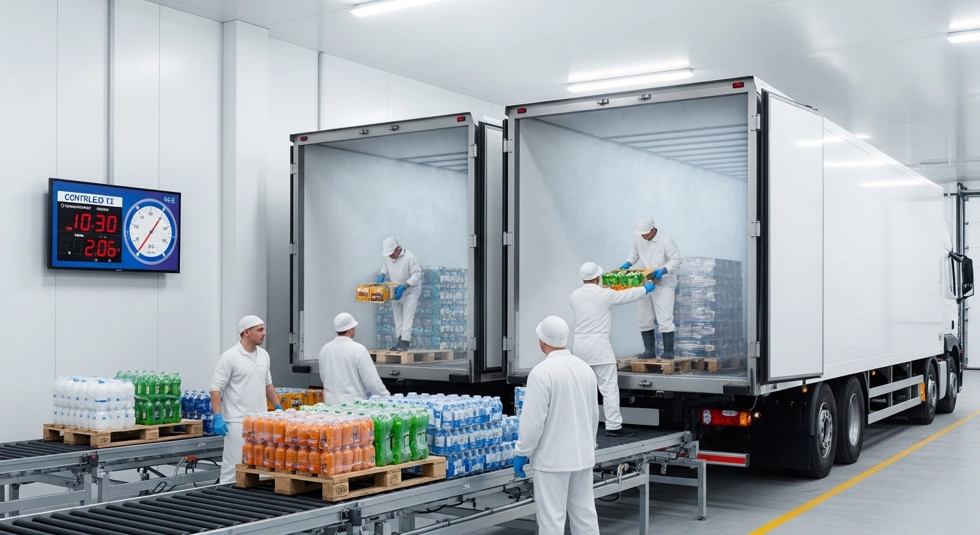 Workers unloading fresh produce and beverages from a refrigerated truck docked at a cold storage facility, with visible cold mist and temperature controls, illustrating efficient food and beverage yard logistics operations 