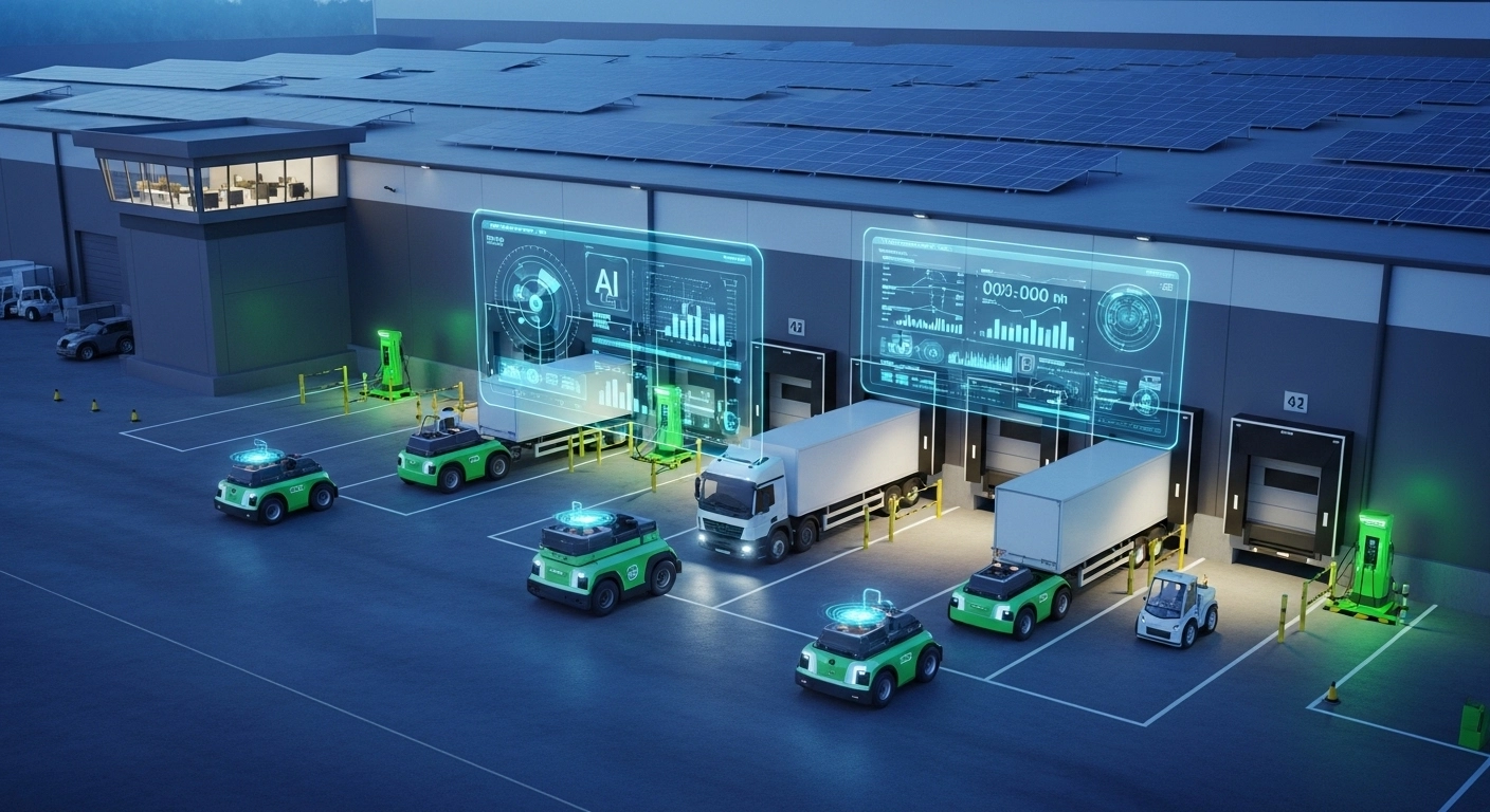 A futuristic logistics yard at dusk with autonomous electric driverless shunter trucks, AI holographic dashboards displaying real-time dock data, solar panels on the warehouse rooftop, and a single operator monitoring operations from a glass control tower, representing the future of AI-driven and sustainable yard management 