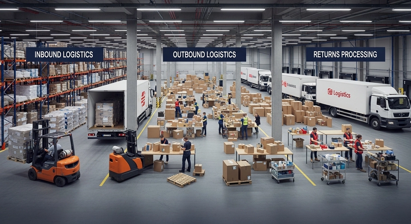 logistics operations showing inbound and outbound logistics: forklifts moving raw materials into a warehouse, workers preparing packages for delivery, trucks leaving docks, and a separate area handling returned products. Highlight day-to-day operational flow of logistics.