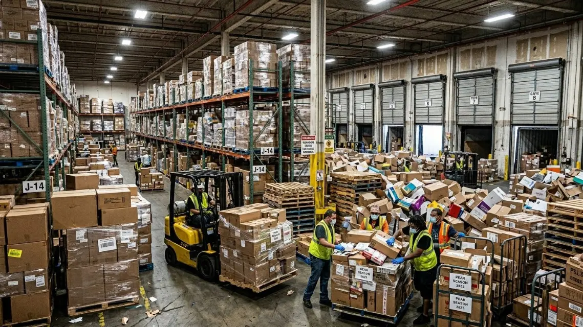 Overcrowded warehouse aisle with stacked pallets causing congestion during peak season