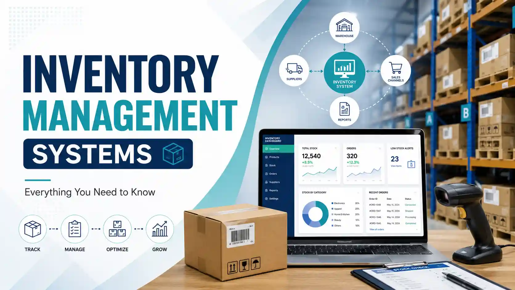 featured image of Inventory management system dashboard with warehouse shelves, stacked boxes, barcode scanning, and real-time stock tracking icons.