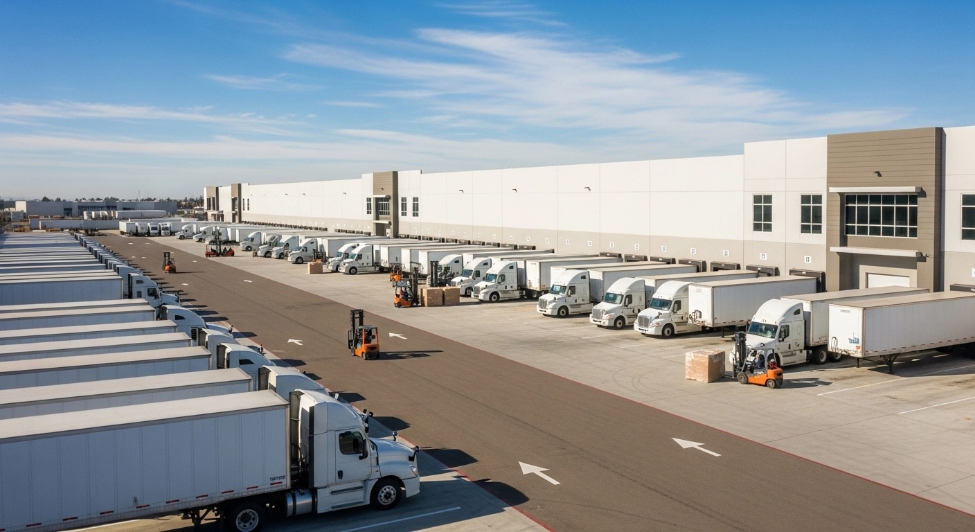 Multiple semi-trucks parked in an organized logistics yard beside a large distribution warehouse with active dock doors and forklifts, representing efficient yard management in supply chain operations.